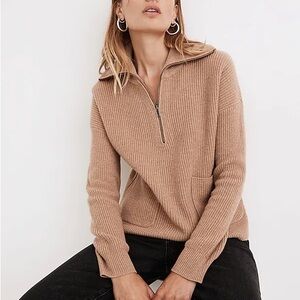 MEDIUM Madewell Glenbrook Half-Zip Pullover Sweater tan Heather saddle excellent